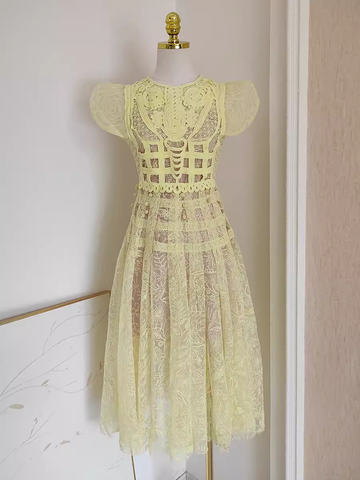 A line Scoop Yellow Short Sleeves Lace Vacation Dress Women Dresses SD153